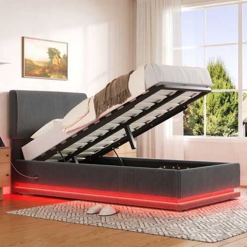 Lit 90x200 Cm LED-usb Relevage Hydraulique Tête Lit Réglable Velours Côtelé - Gris