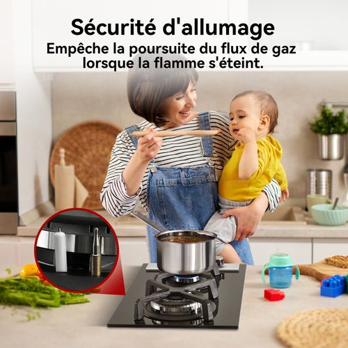 Plaque De Cuisson Gaz Gh30bf 2 Feux, Plaque Gaz Verre Trempé, Noir 30 Cm