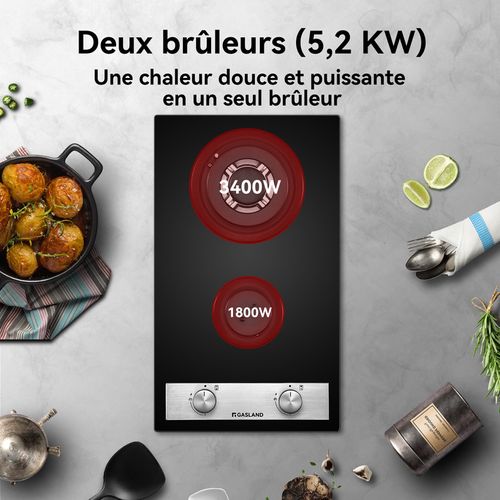 Plaque De Cuisson Gaz Gh30bf 2 Feux, Plaque Gaz Verre Trempé, Noir 30 Cm