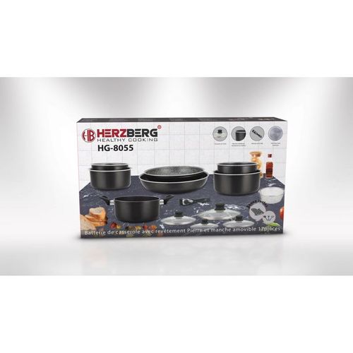 Batterie De Cuisine Revêtement Pierre Avec Manche Amovible 17 Pièces Noir Hg8055-blk