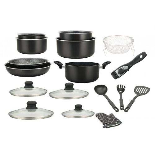 Batterie De Cuisine Revêtement Pierre Avec Manche Amovible 17 Pièces Noir Hg8055-blk
