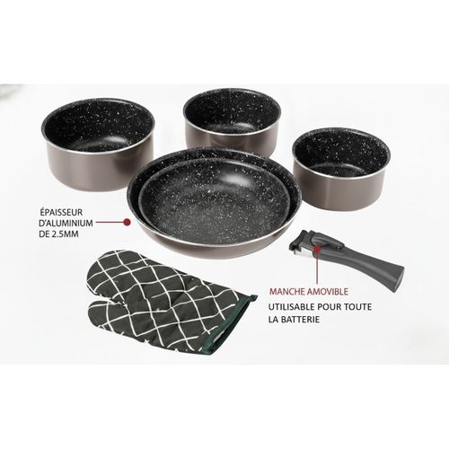 Batterie De Cuisine Revêtement Pierre Avec Manche Amovible 7 Pièces Carbonne  Hg8053-car