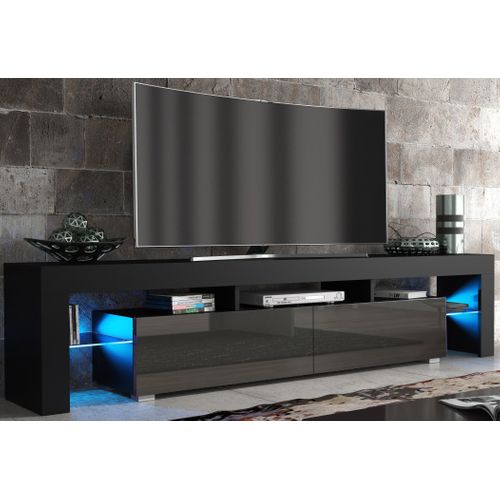 Meuble TV Spider Big à LED En Noir Mat Avec Portes Gris Laqué 200 Cm