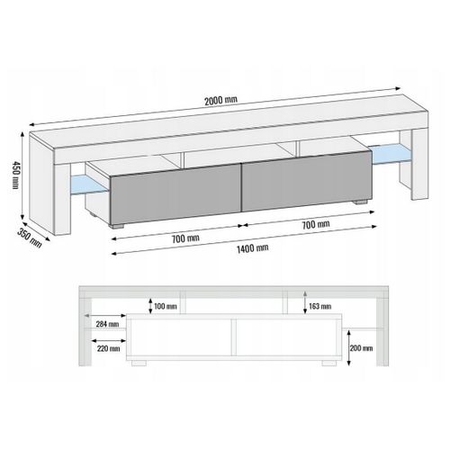 Meuble TV Spider Big à LED En Noir Mat Avec Portes Gris Laqué 200 Cm