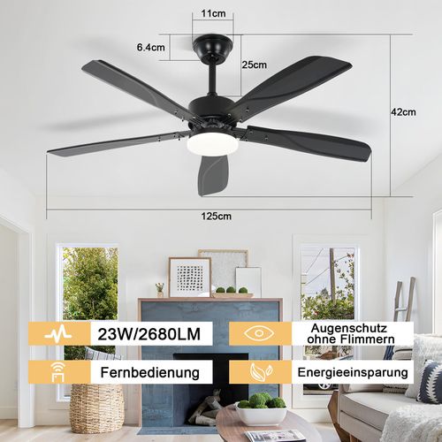Ventilateur De Plafond Avec Éclairage LED Silencieux à Intensité 23w Noir Minuterie 6 Vitesses