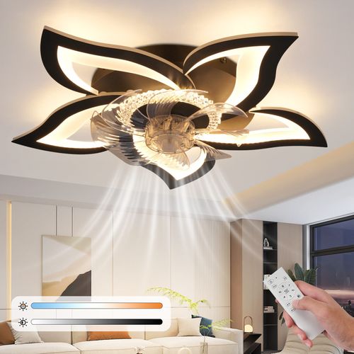 Ventilateur De Plafond LED Avec Éclairage 48 W Noir Silencieux Télécommande 3 Températures