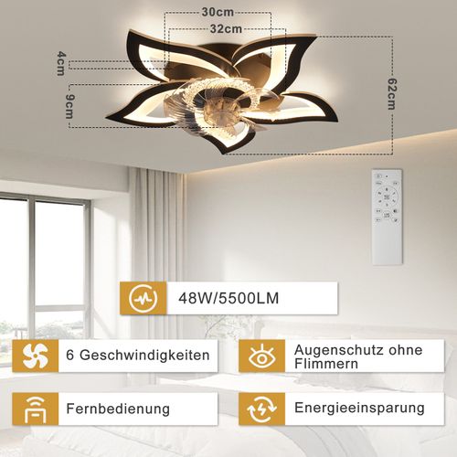 Ventilateur De Plafond LED Avec Éclairage 48 W Noir Silencieux Télécommande 3 Températures