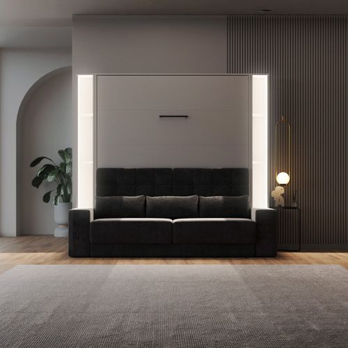 Lit Escamotable Ensemble 2 Placards Étagère Et Canapé 160x200cm Lit Mural Gris Perle Inc.led