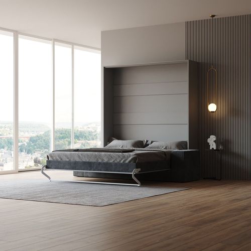 Lit Escamotable Ensemble 2 Placards Étagère Et Canapé 160x200cm Lit Mural Gris Perle Inc.led