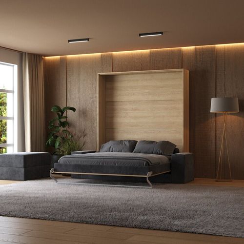 Lit Escamotable Ensemble 2 Placards Étagère Et Canapé 160x200cm Lit Mural Chêne Kaiser Inc.led