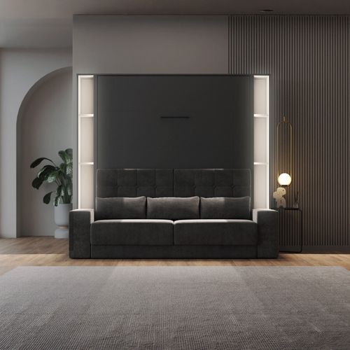 Lit Escamotable Ensemble 2 Placards Étagère Et Canapé 160x200cm Lit Mural Anthracite Inc.led