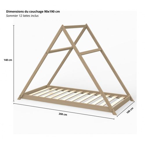 Lit Cabane Enfant 90x190cm Bois Massif Apate Naturel Inclus Sommier