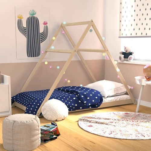 Lit Cabane Enfant 90x190cm Bois Massif Apate Naturel Inclus Sommier