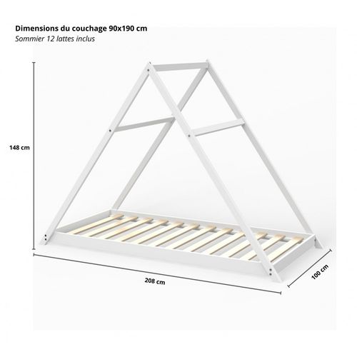 Lit Cabane Enfant 90x190cm Bois Massif Apate Blanc Inclus Sommier