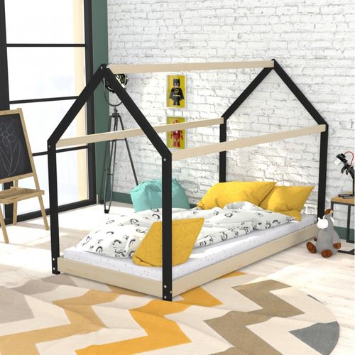 Lit Cabane Enfant 90x190cm Bois Massif Pandou Laqué Noir Et Naturel Inclus Sommier