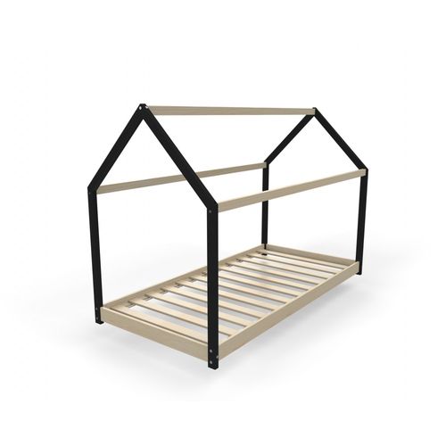 Lit Cabane Enfant 90x190cm Bois Massif Pandou Laqué Noir Et Naturel Inclus Sommier