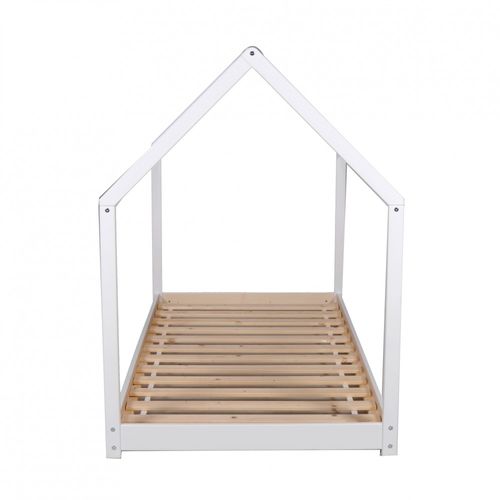 Lit Cabane Enfant 90x190cm Bois Massif Pandou Blanc Inclus Sommier