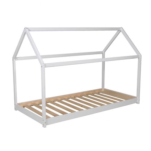 Lit Cabane Enfant 90x190cm Bois Massif Pandou Blanc Inclus Sommier