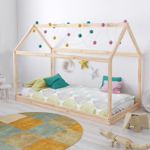 Lit Cabane Enfant 90x200cm Bois Massif Pandou Naturel Inclus Sommier
