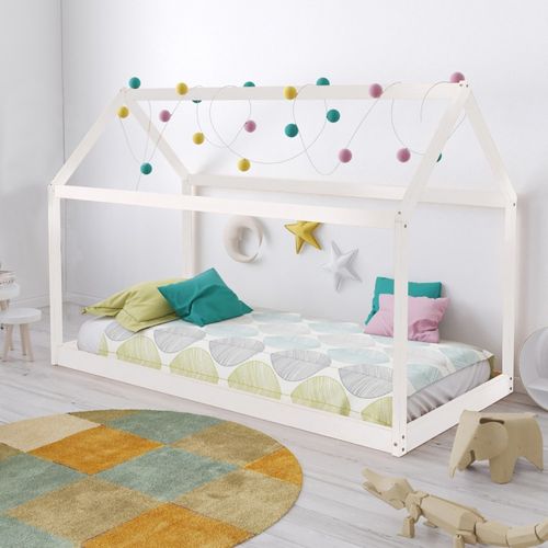 Lit Cabane Enfant 70x140cm Bois Massif Pandou Blanc Inclus Sommier