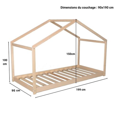 Lit Cabane Enfant 90x190cm Bois Massif Kito Naturel Inclus Sommier