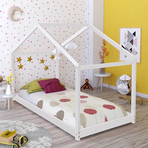 Lit Cabane Enfant 90x190cm Bois Massif Kito Blanc Inclus Sommier