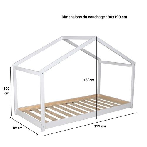 Lit Cabane Enfant 90x190cm Bois Massif Kito Blanc Inclus Sommier