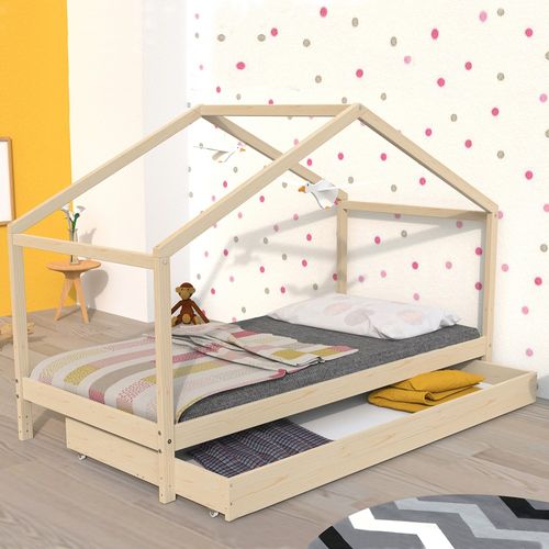 Lit Cabane Enfant 90x190cm Bois Massif Kito Naturel Inclus Sommier Et Tiroir