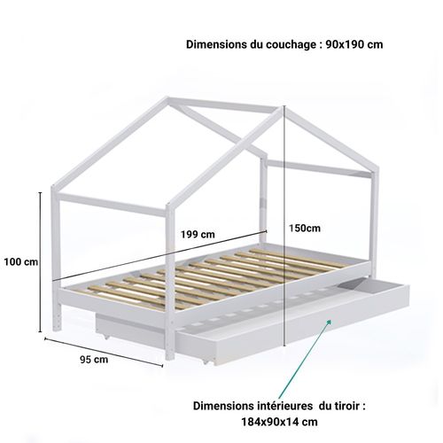 Lit Cabane Enfant 90x190cm Bois Massif Kito Blanc Inclus Sommier Et Tiroir