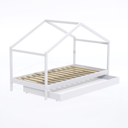 Lit Cabane Enfant 90x190cm Bois Massif Kito Blanc Inclus Sommier Et Tiroir