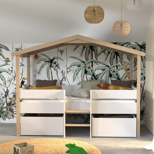 Lit Cabane Hauteur  90x200cm Bois Massif Poli Naturel Blanc Inclus Sommier Et 2 Tiroirs