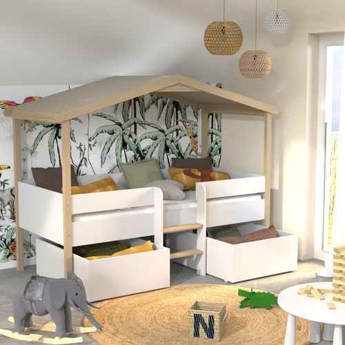 Lit Cabane Hauteur  90x200cm Bois Massif Poli Naturel Blanc Inclus Sommier Et 2 Tiroirs