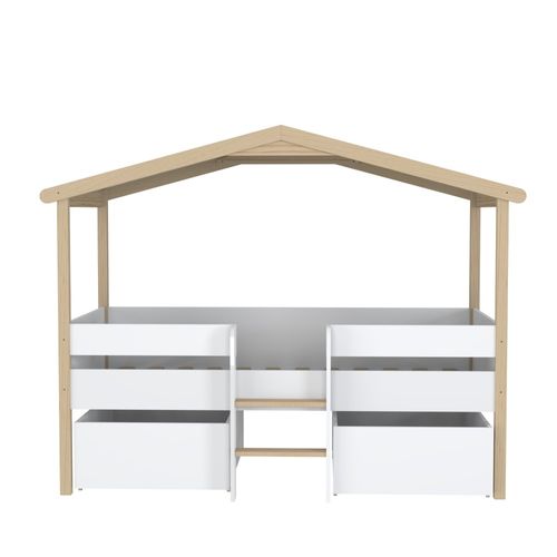 Lit Cabane Hauteur  90x200cm Bois Massif Poli Naturel Blanc Inclus Sommier Et 2 Tiroirs