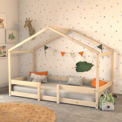 Lit Cabane Enfant 90x190cm Bois Massif Indik Naturel Inclus Sommier