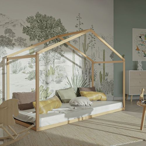 Lit Cabane Enfant 90x190cm Bois Massif Wate Naturel Inclus Sommier