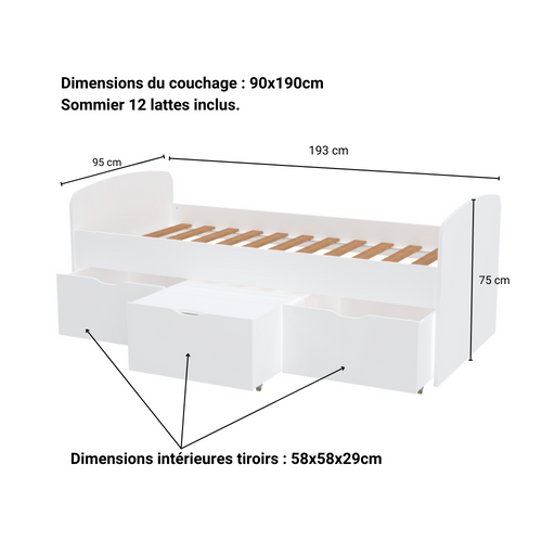 Lit  1 Place 90x190cm Blanc Maya Inclus Sommier 2 Tiroirs Et  Coffre Table Basse