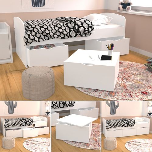 Lit  1 Place 90x190cm Blanc Maya Inclus Sommier 2 Tiroirs Et  Coffre Table Basse