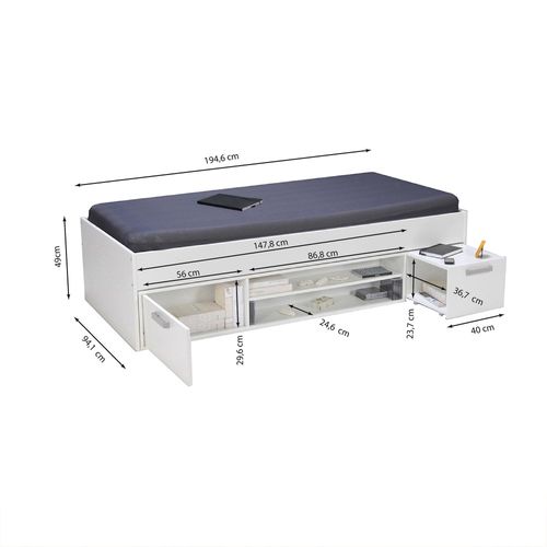 Lit 1 Place 90x190cm Avec Rangement Incl. Sommier Chevet Et Étagère