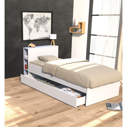 Lit 1 Place 90x190cm Blanc Rogo Inclus Tete De Lit Avec Étageres