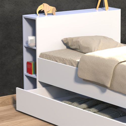 Lit 1 Place 90x190cm Blanc Rogo Inclus Tete De Lit Avec Étageres