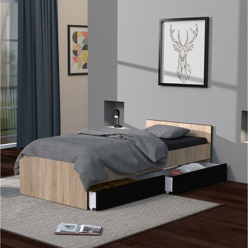 Lit 1 Place 90x190cm Blanc Kiapa Couleur Chêne Inclus Sommier Et 2 Tiroirs Noir Pour Rangement