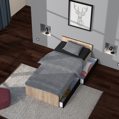 Lit 1 Place 90x190cm Blanc Kiapa Couleur Chêne Inclus Sommier Et 2 Tiroirs Noir Pour Rangement