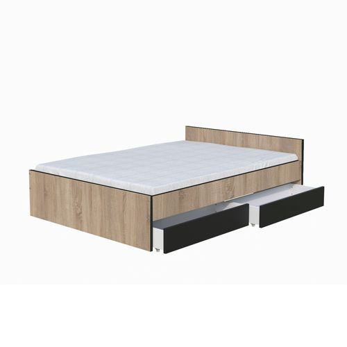 Lit 1 Place 90x190cm Blanc Kiapa Couleur Chêne Inclus Sommier Et 2 Tiroirs Noir Pour Rangement