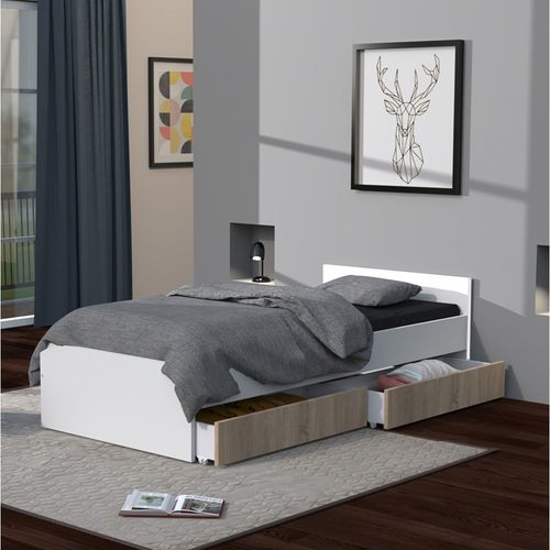 Lit 1 Place 90x190cm Blanc Kiapa Blanc Inclus Sommier Et 2 Tiroirs Chêne Pour Rangement