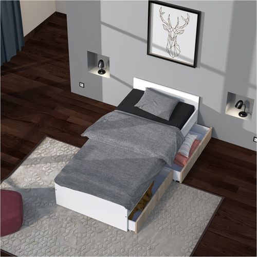 Lit 1 Place 90x190cm Blanc Kiapa Blanc Inclus Sommier Et 2 Tiroirs Chêne Pour Rangement
