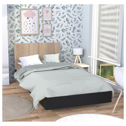 Lit Simple 1 Place 90x190cm Noir Et Artisan Avec Sommier Lifa