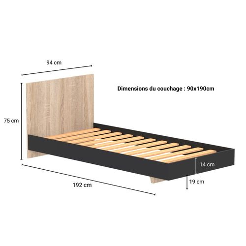 Lit Simple 1 Place 90x190cm Noir Et Artisan Avec Sommier Lifa