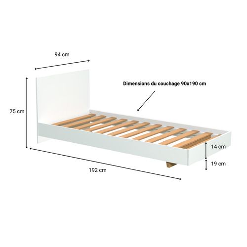 Lit Simple 1 Place 90x190cm Blanc Avec Sommier Lifa