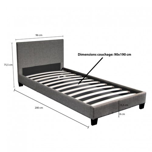Lit 1 Place 90x190cm Tissu Gris Foncé Avec Sommier Dusin