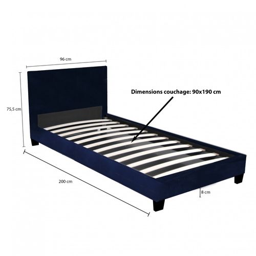 Lit 1 Place 90x190cm Tissu Bleu Avec Sommier Dusin